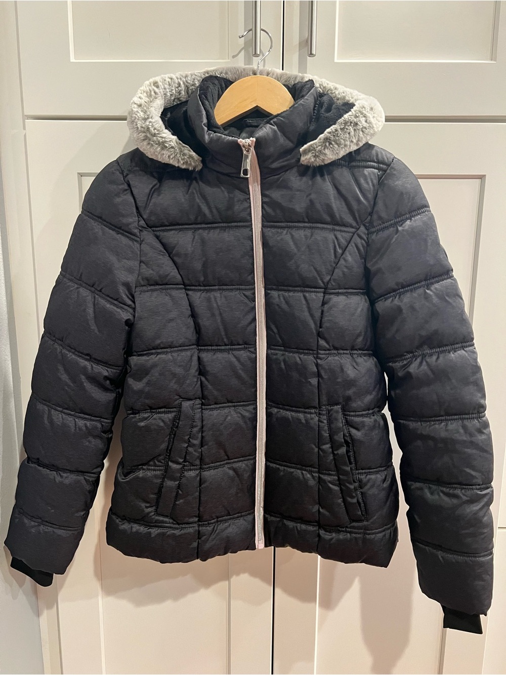 Girls' Black Puffer Jacket with Faux-Fur Trim
